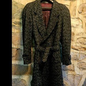 Dark Grey&White Tweed Overcoat Double Breasted&Belted Men's Sz. L by Man in Wool